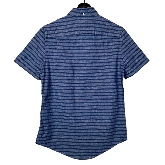 Tommy Hilfiger Slim Fit Navy Stripe Short Sleeve Button Down Shirt - Picture 2 of 4
